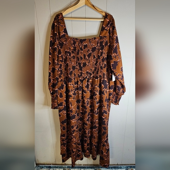 Nine West Smocked Floral Midi Dress Brown Lined Stretch 4 XL Long Sleeve - Picture 2 of 9